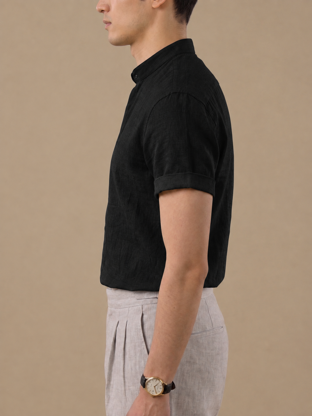 Italian Vega Crumpled Linen- Mandarin Collar Half Sleeves Linen Shirt - 002