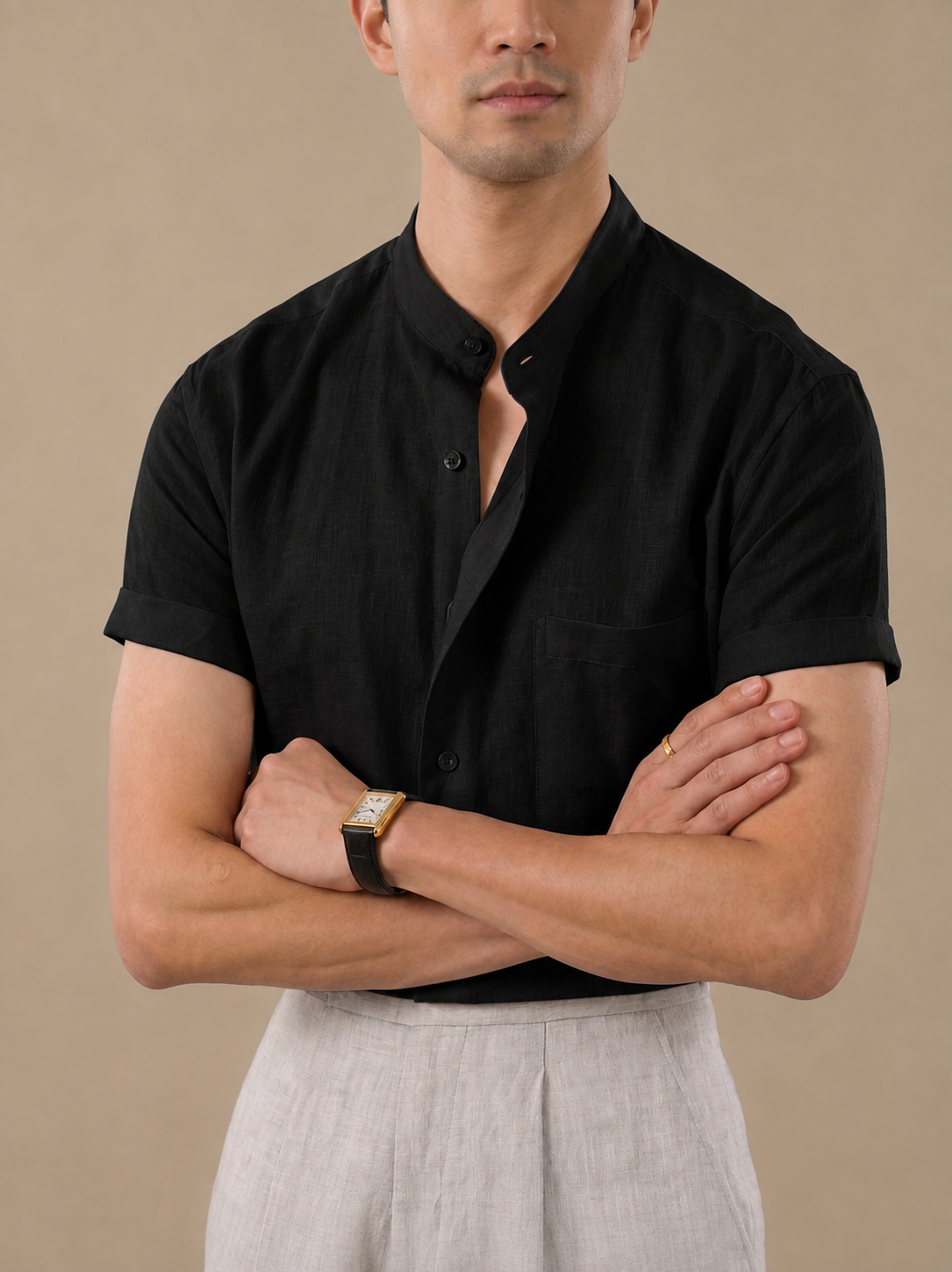 Italian Vega - Mandarin Collar Half Sleeves Linen Shirt - 002