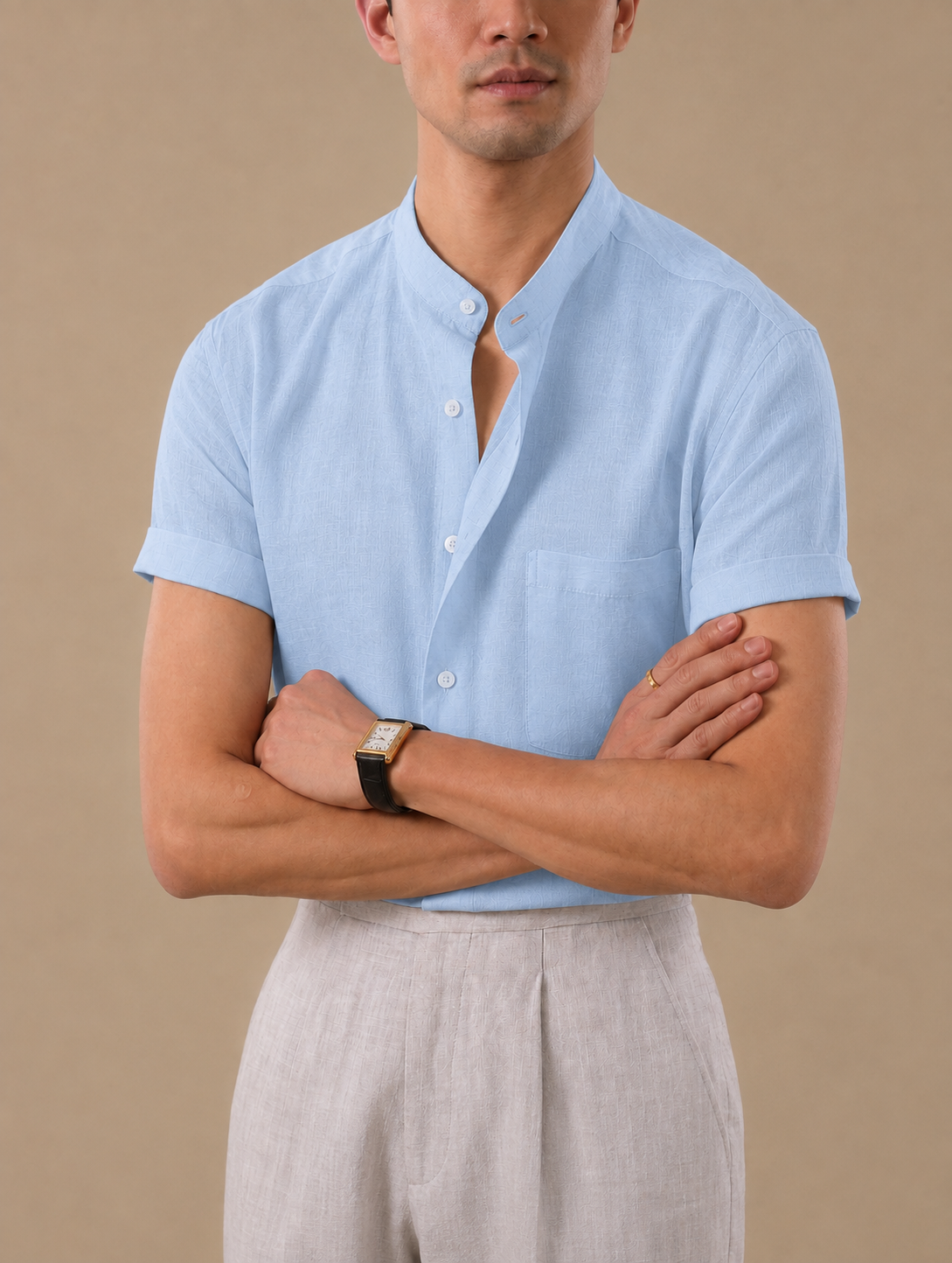 Italian Vega - Mandarin Collar Half Sleeves Linen Shirt - 002