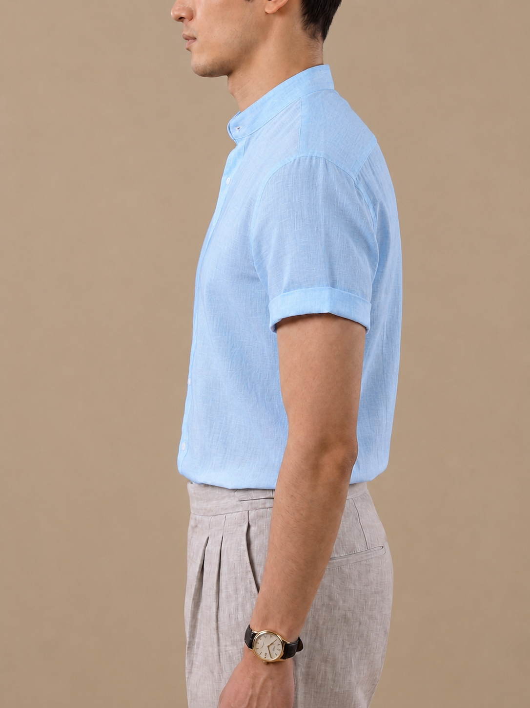 Italian Vega Crumpled Linen- Mandarin Collar Half Sleeves Linen Shirt - 002