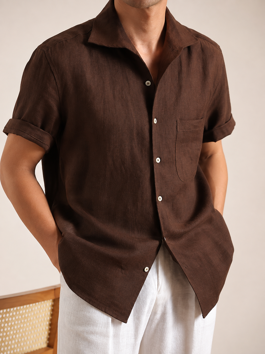 Italian Vega - Cut Away Collar Half Sleeve Linen Shirt - 003