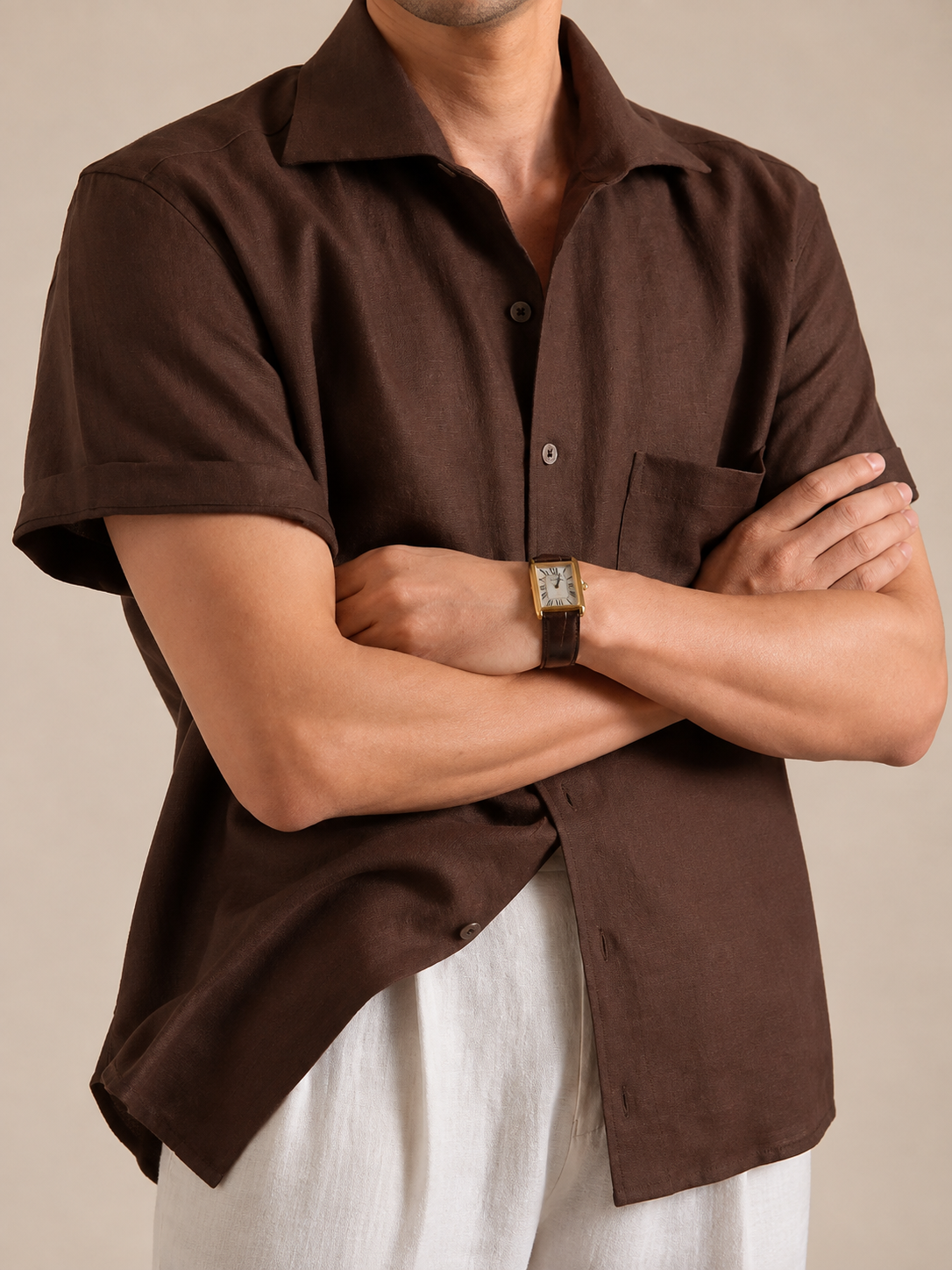 Italian Vega - Cut Away Collar Half Sleeve Linen Shirt - 003