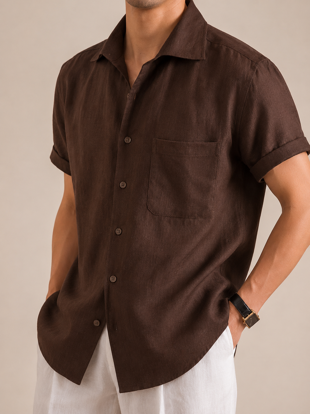 Italian Vega - Cut Away Collar Half Sleeve Linen Shirt - 003