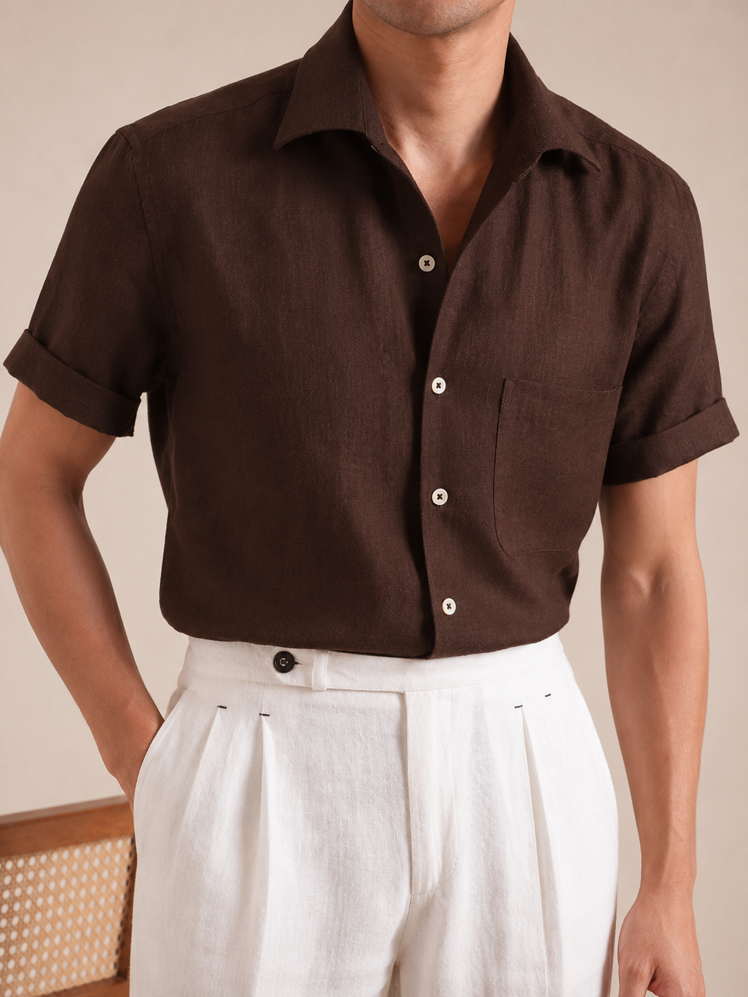 Italian Vega - Cut Away Collar Half Sleeve Linen Shirt - 003
