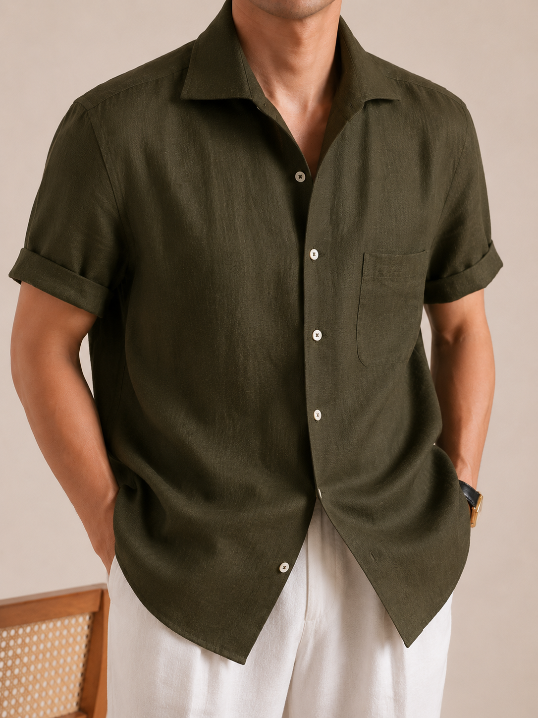 Italian Vega - Cut Away Collar Half Sleeve Linen Shirt - 003