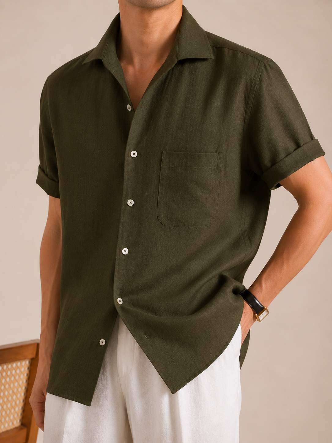 Italian Vega - Cut Away Collar Half Sleeve Linen Shirt - 003