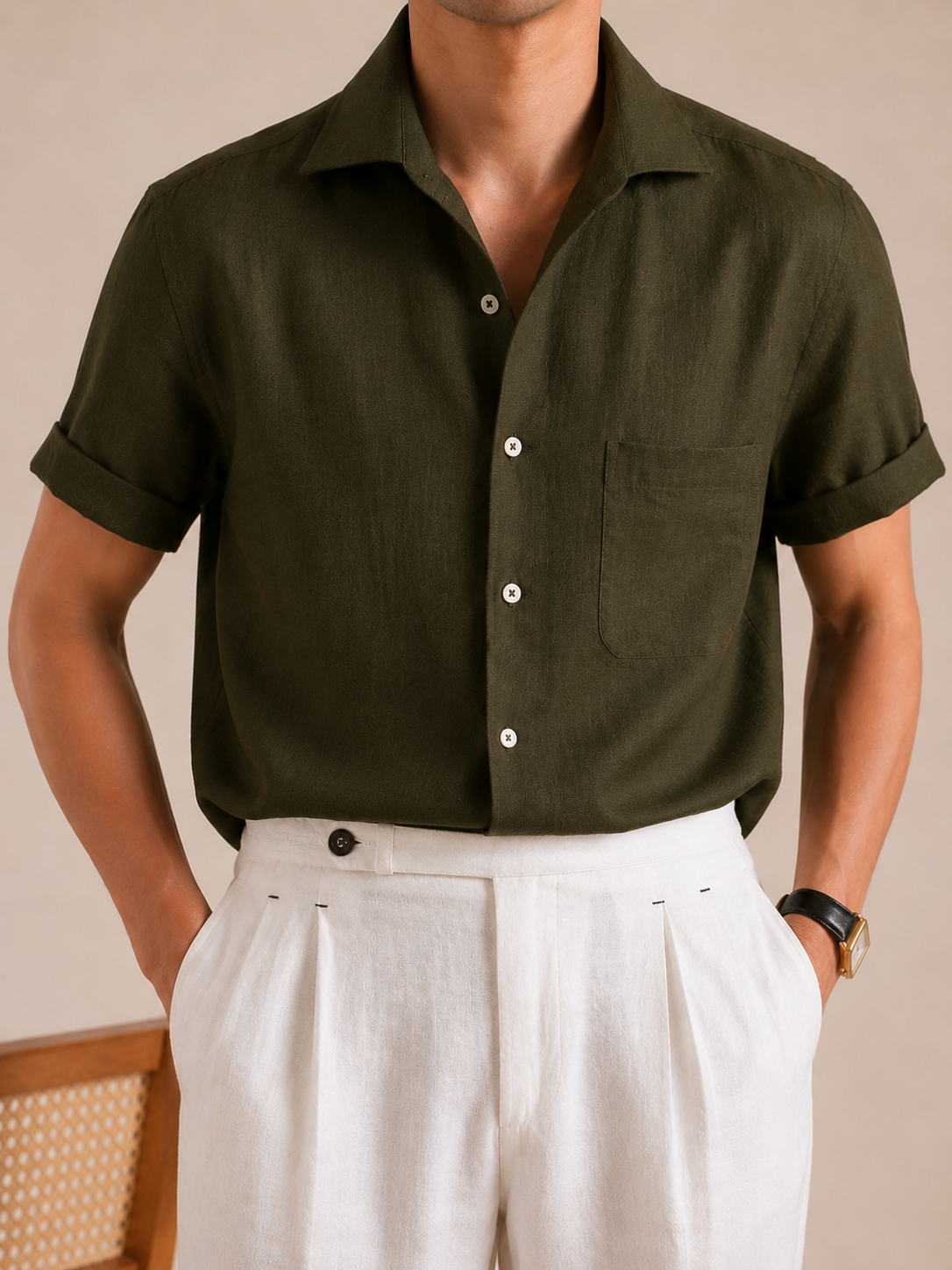 Italian Vega - Cut Away Collar Half Sleeve Linen Shirt - 003