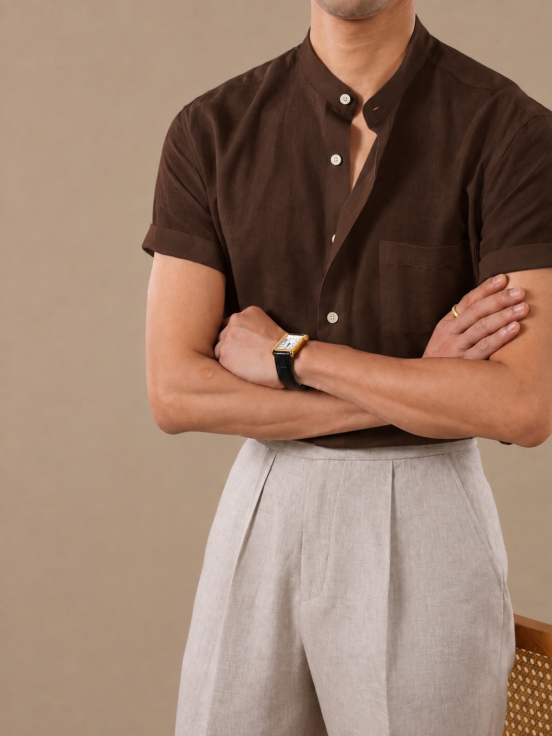 Italian Vega - Mandarin Collar Half Sleeves Linen Shirt - 002