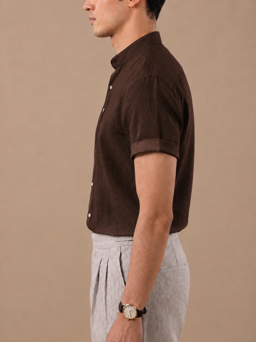 Italian Vega Crumpled Linen- Mandarin Collar Half Sleeves Linen Shirt - 002