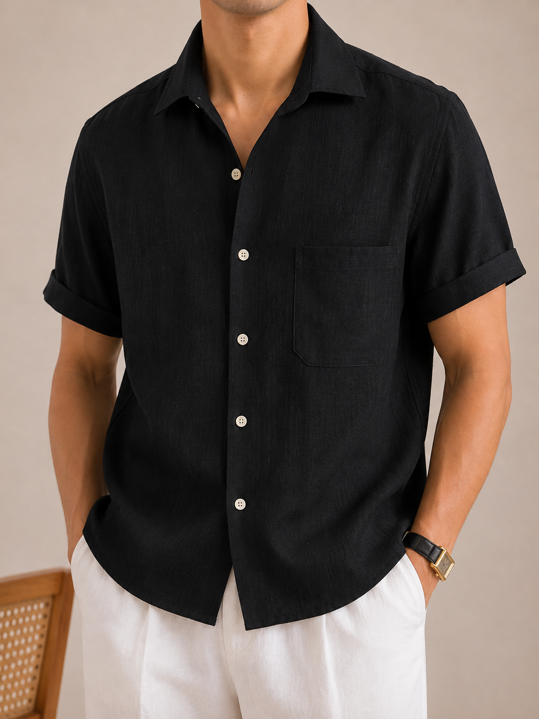 Italian Vega - Cut Away Collar Half Sleeve Linen Shirt - 003