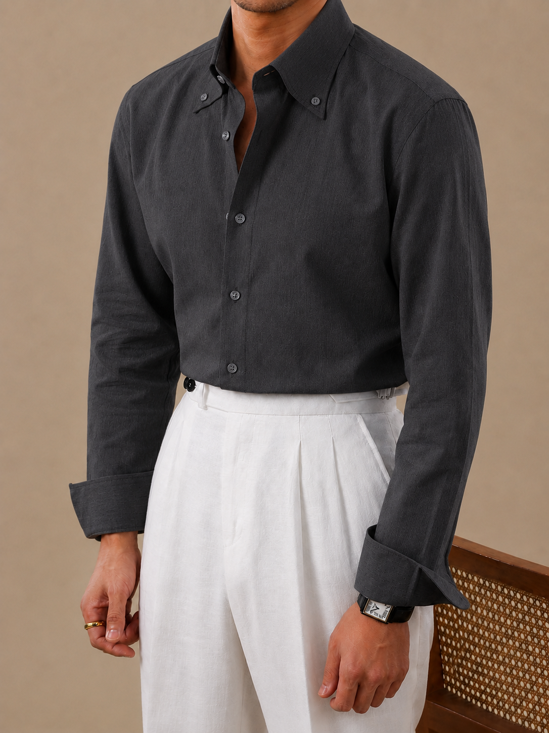 Crumpled Linen Linen Button Down Shirt by Italian Vega - 006
