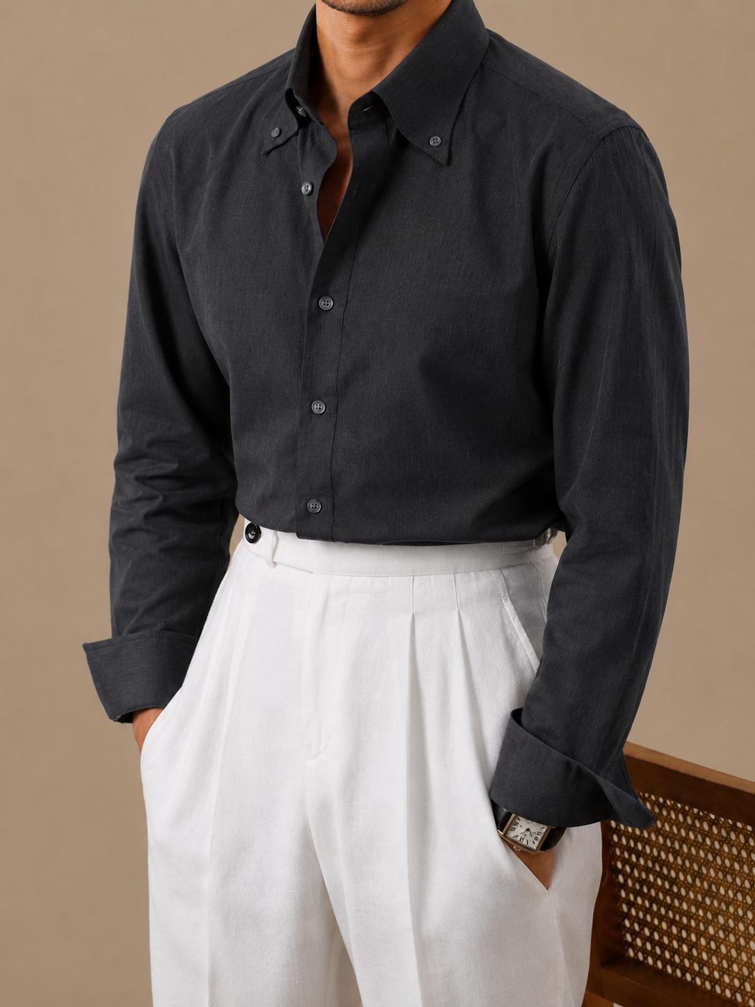 Crumpled Linen Linen Button Down Shirt by Italian Vega - 006