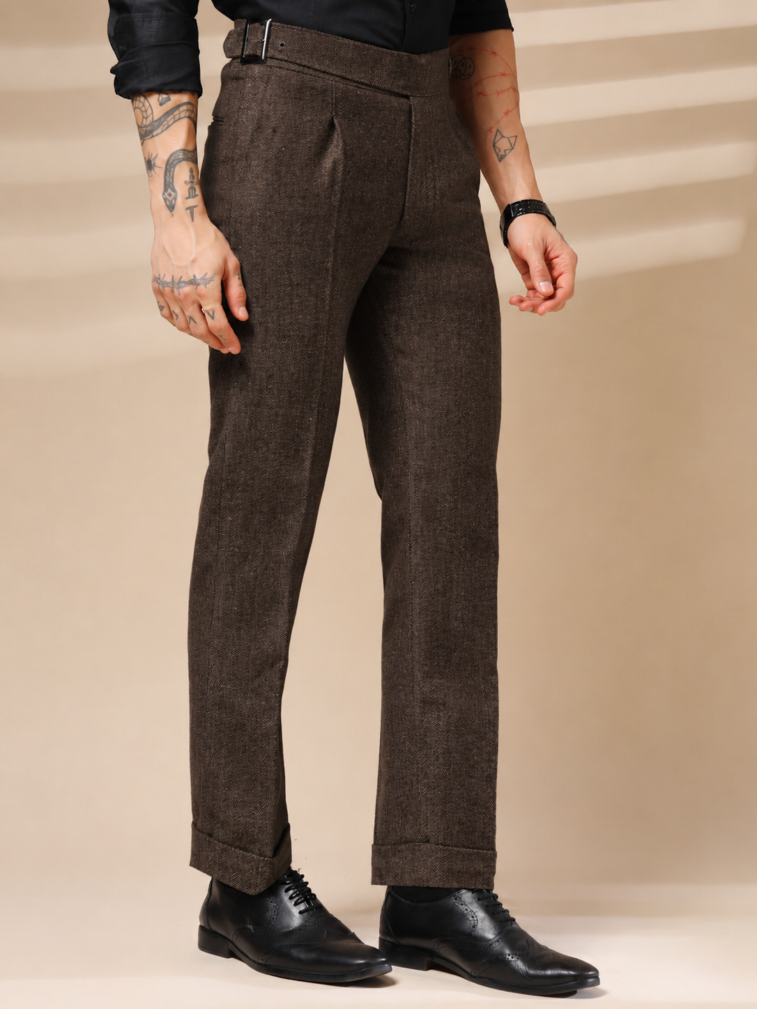 Brown Exotic Herringbone Gurkha Pants | Boot Cut Fit by ITALIAN VEGA®