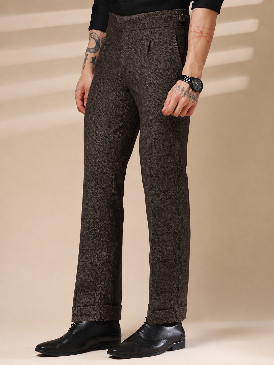 Brown Exotic Herringbone Gurkha Pants | Boot Cut Fit by ITALIAN VEGA®
