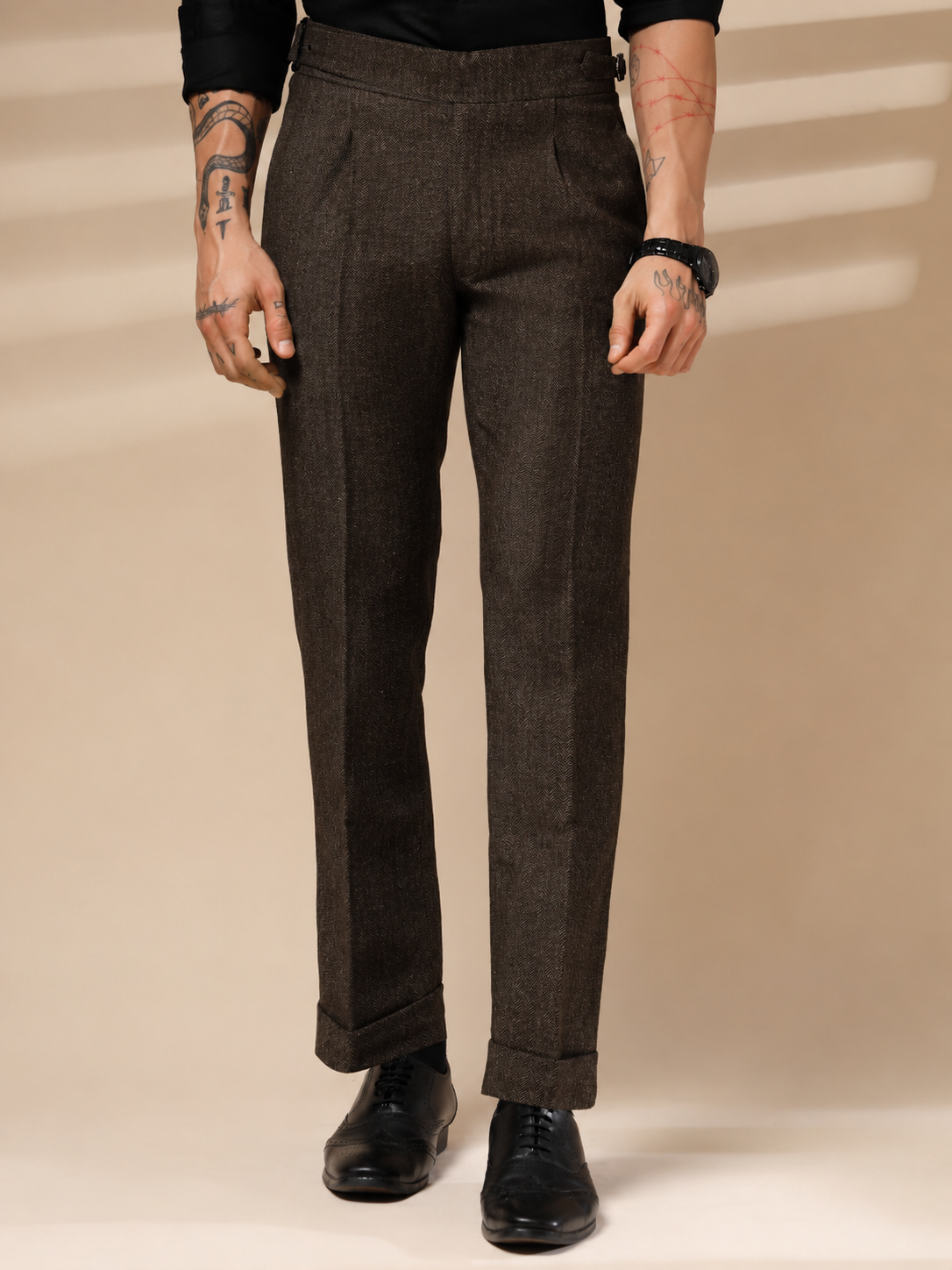 Brown Exotic Herringbone Gurkha Pants | Boot Cut Fit by ITALIAN VEGA®
