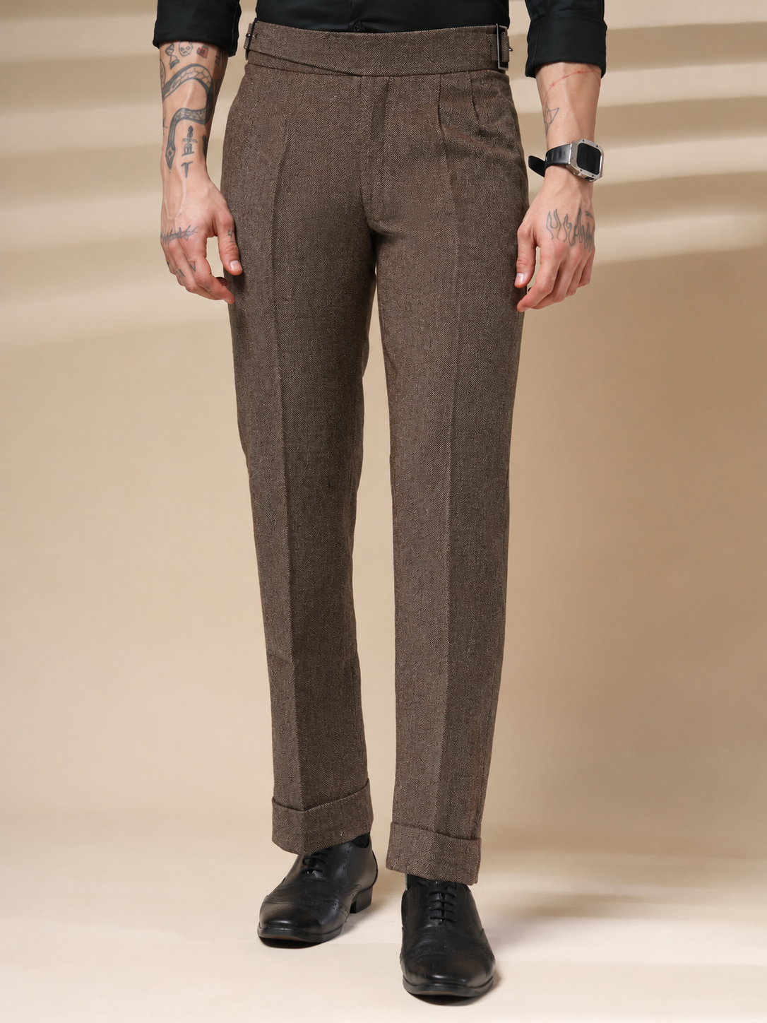Brown Classic Buckle Herringbone Gurkha Pants | Boot Cut Fit by ITALIAN VEGA®