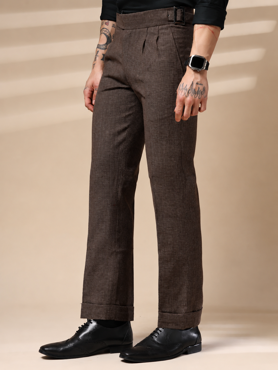 Brown Classic Buckle Herringbone Gurkha Pants | Boot Cut Fit by ITALIAN VEGA®