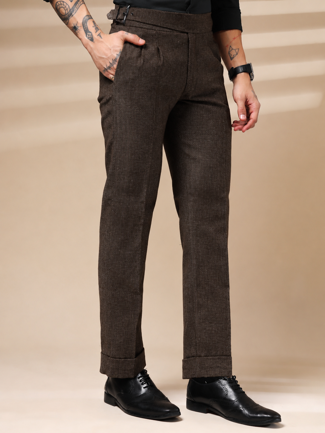 Brown Classic Buckle Herringbone Gurkha Pants | Boot Cut Fit by ITALIAN VEGA®