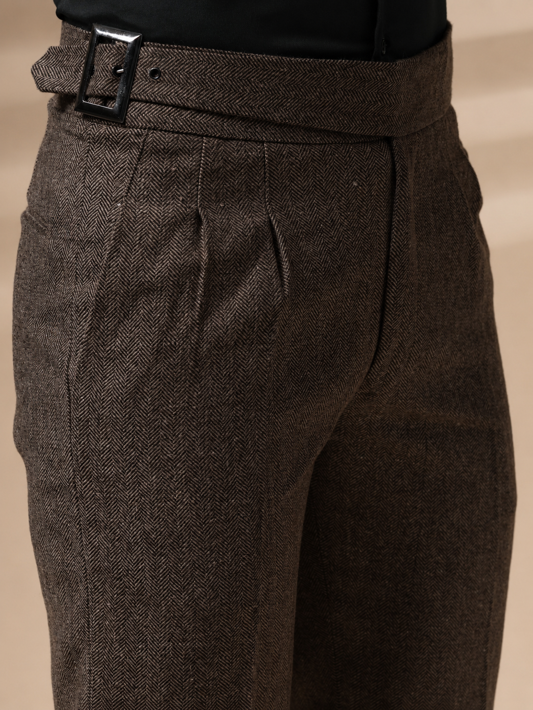 Brown Classic Buckle Herringbone Gurkha Pants | Boot Cut Fit by ITALIAN VEGA®