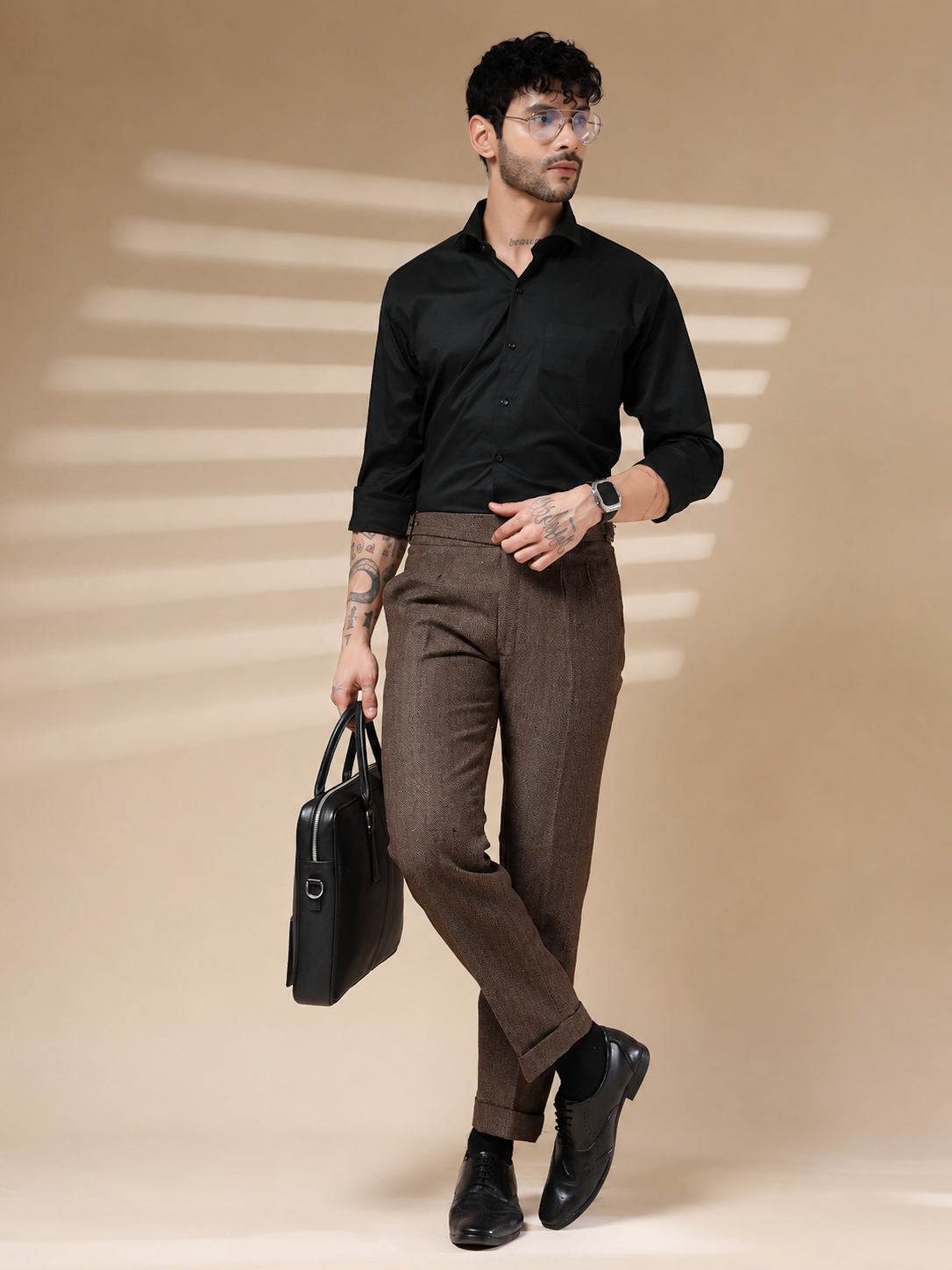 Brown Classic Buckle Herringbone Gurkha Pants | Boot Cut Fit by ITALIAN VEGA®