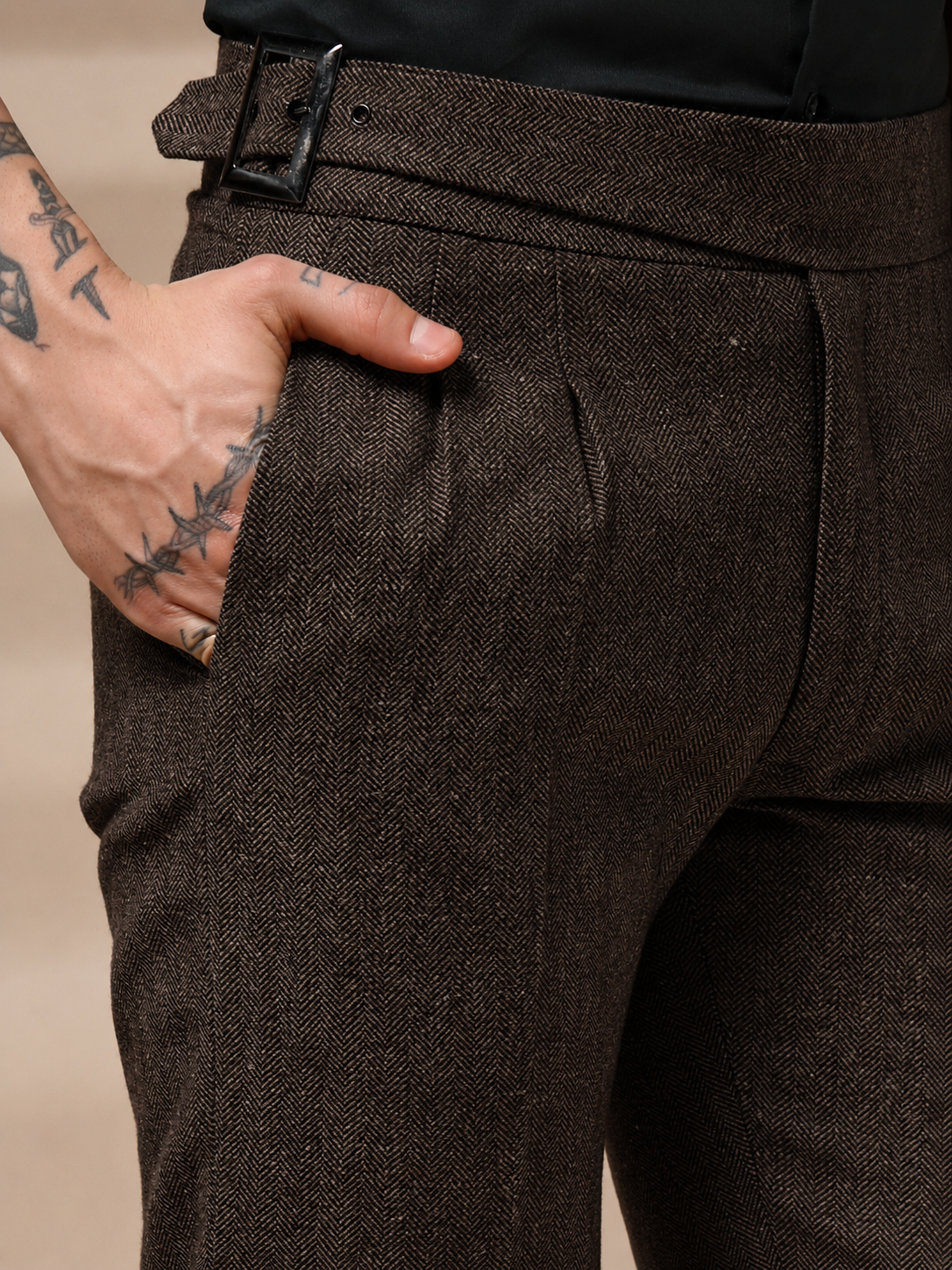 Brown Classic Buckle Herringbone Gurkha Pants | Boot Cut Fit by ITALIAN VEGA®