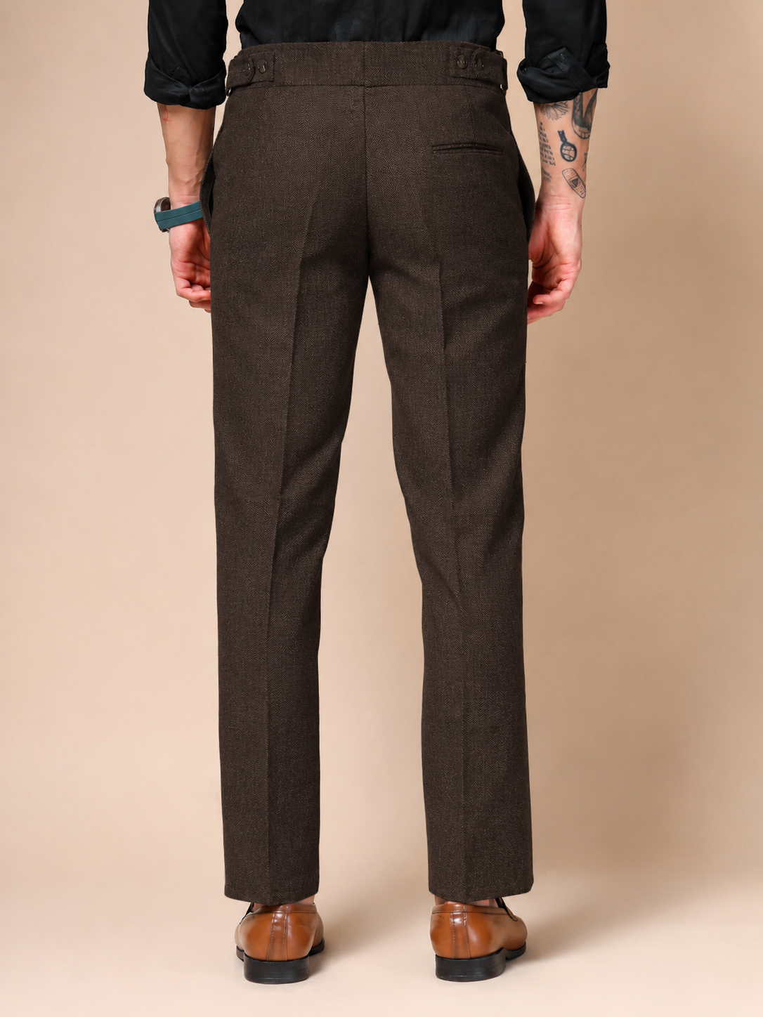 Brown Oxford Herringbone Gurkha Pants | Boot Cut Fit by ITALIAN VEGA®