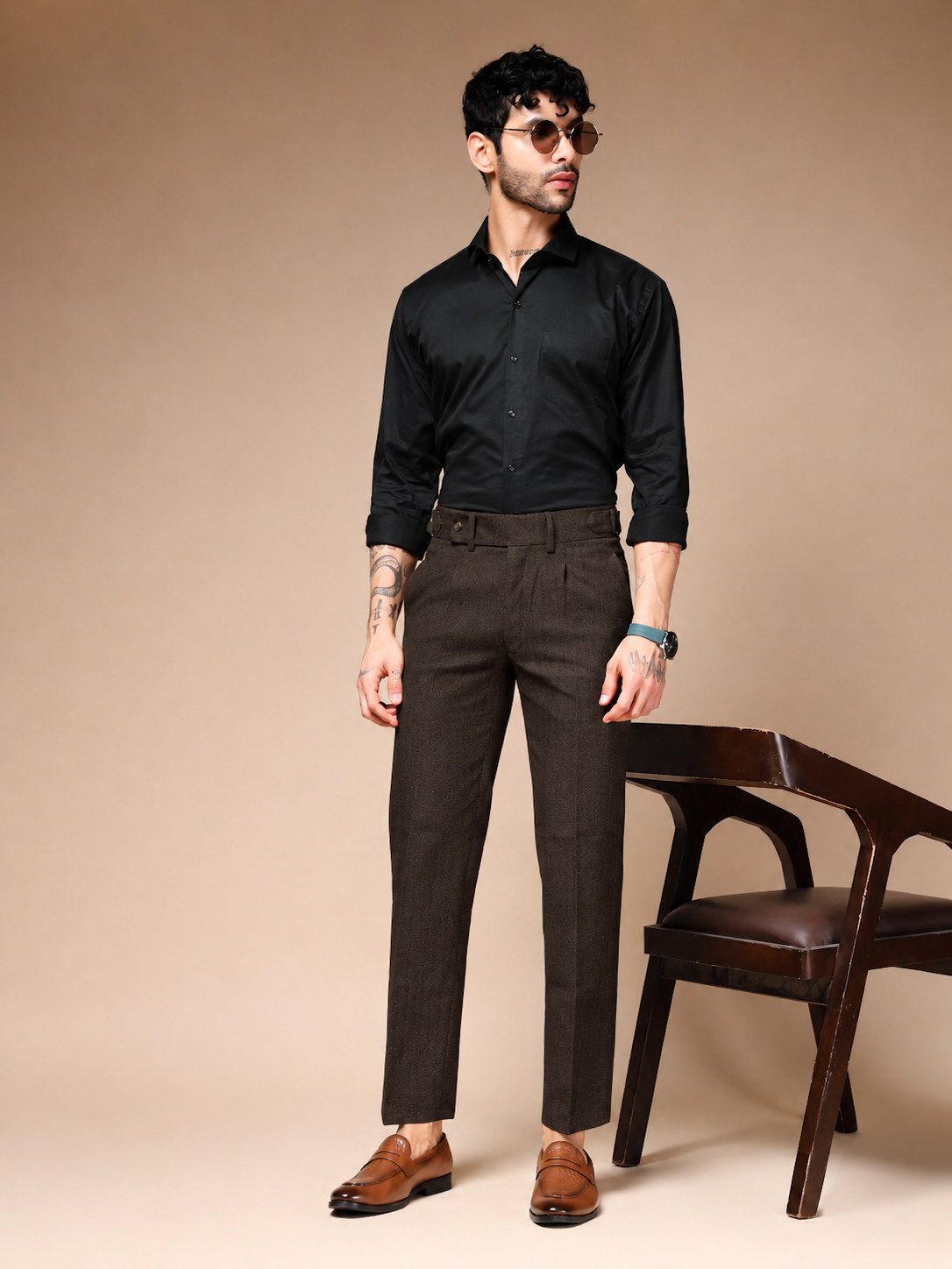 Brown Oxford Herringbone Gurkha Pants | Boot Cut Fit by ITALIAN VEGA®