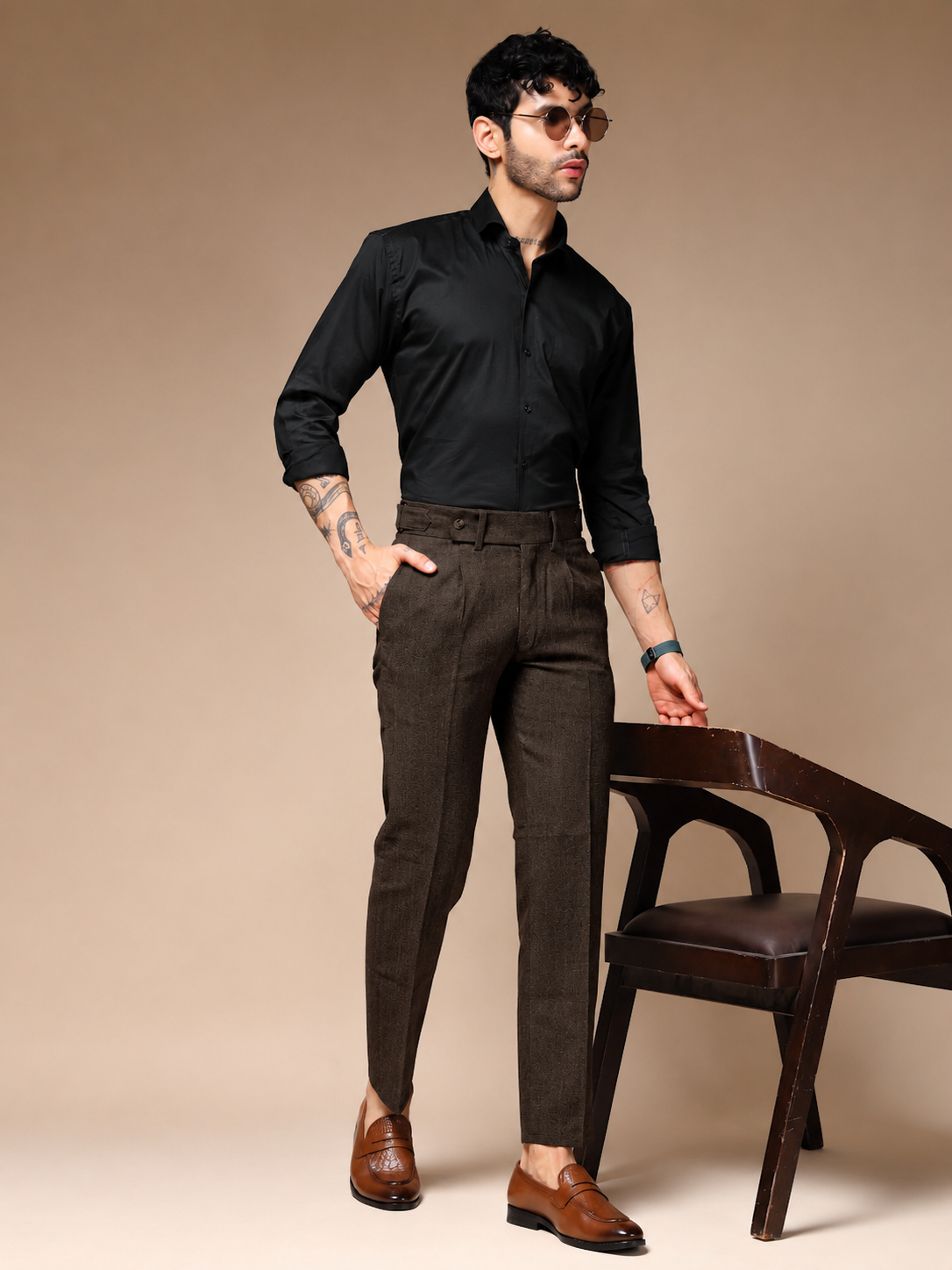 Brown Oxford Herringbone Gurkha Pants | Boot Cut Fit by ITALIAN VEGA®