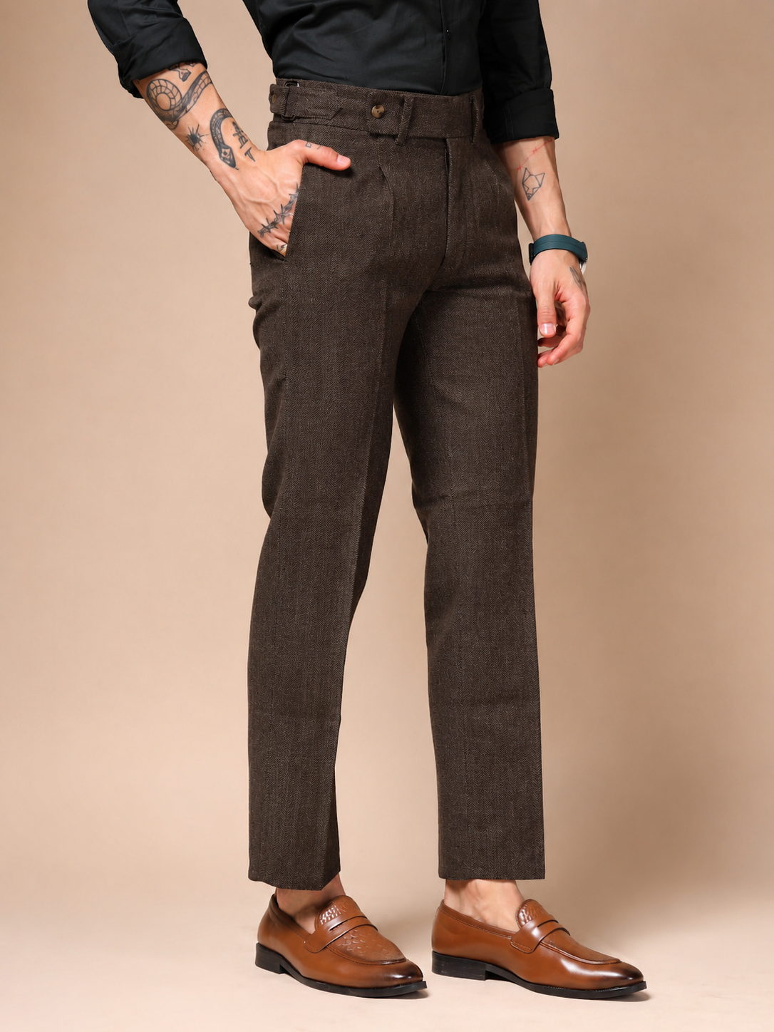 Brown Oxford Herringbone Gurkha Pants | Boot Cut Fit by ITALIAN VEGA®