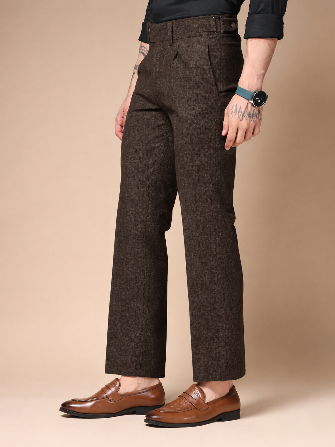 Brown Oxford Herringbone Gurkha Pants | Boot Cut Fit by ITALIAN VEGA®