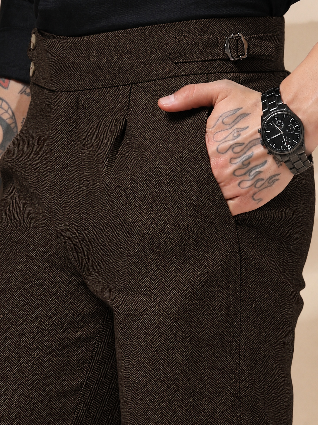 Brown Signature Buttoned Herringbone Gurkha Pants | Boot Cut Fit by ITALIAN VEGA®