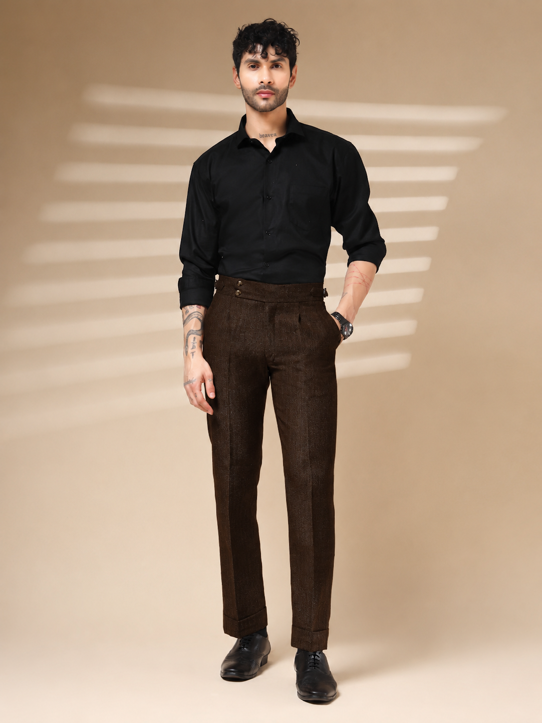 Brown Signature Buttoned Herringbone Gurkha Pants | Boot Cut Fit by ITALIAN VEGA®