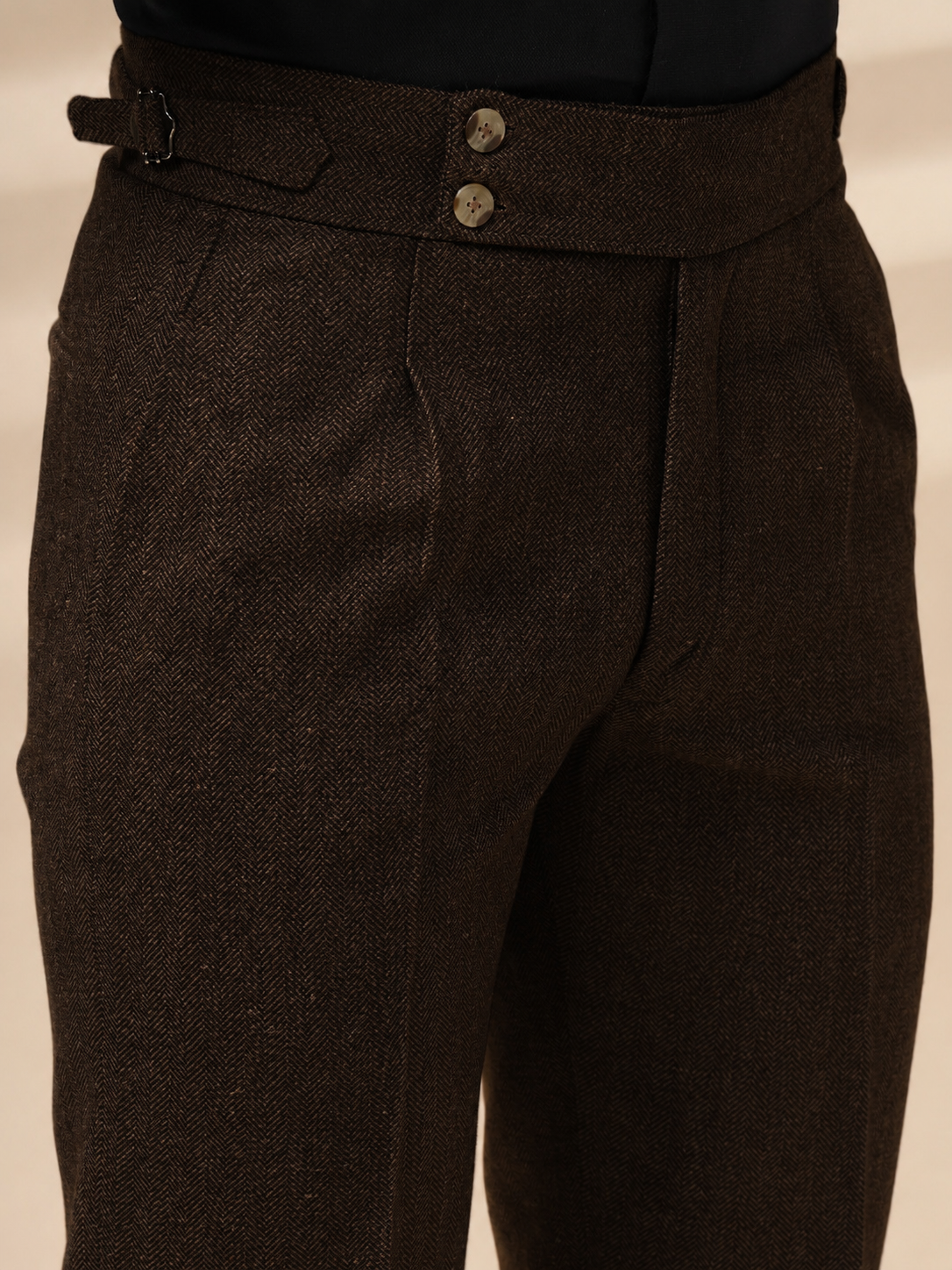 Brown Signature Buttoned Herringbone Gurkha Pants | Boot Cut Fit by ITALIAN VEGA®