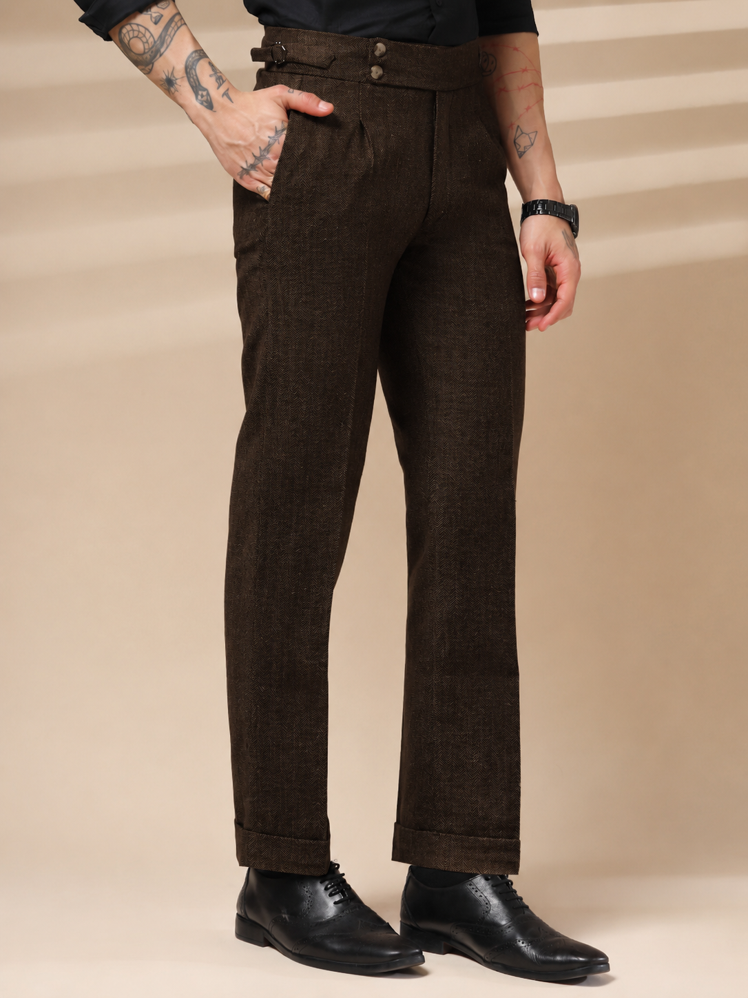 Brown Signature Buttoned Herringbone Gurkha Pants | Boot Cut Fit by ITALIAN VEGA®