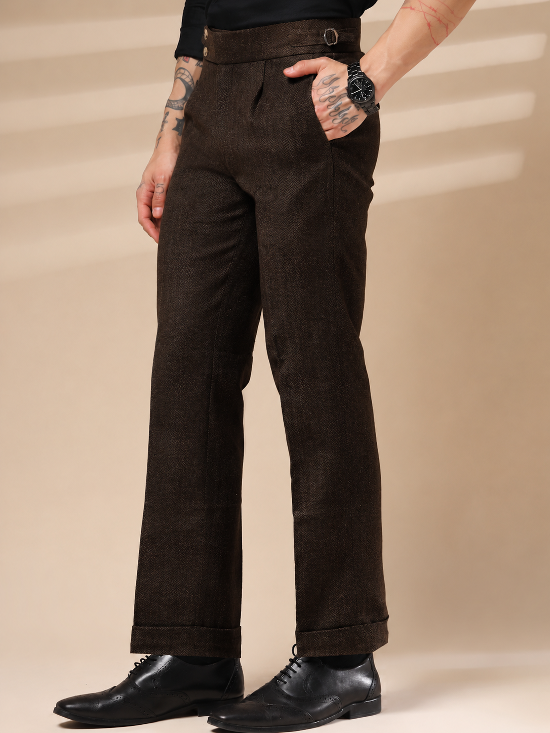 Brown Signature Buttoned Herringbone Gurkha Pants | Boot Cut Fit by ITALIAN VEGA®