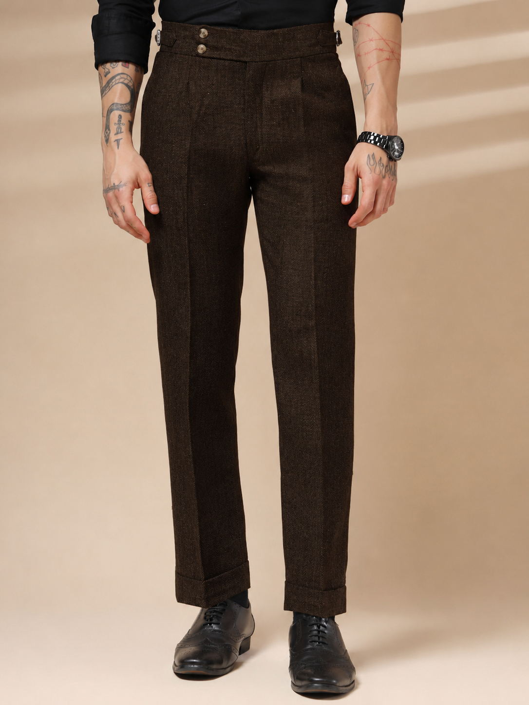Brown Signature Buttoned Herringbone Gurkha Pants | Boot Cut Fit by ITALIAN VEGA®