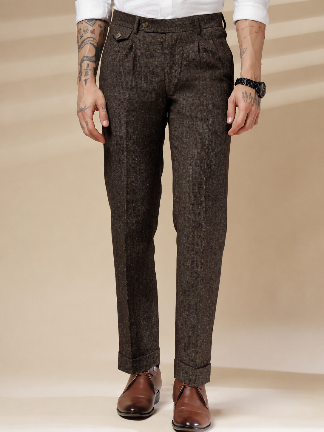 Brown Signature Flap Herringbone Gurkha Pants | Boot Cut Fit by ITALIAN VEGA®