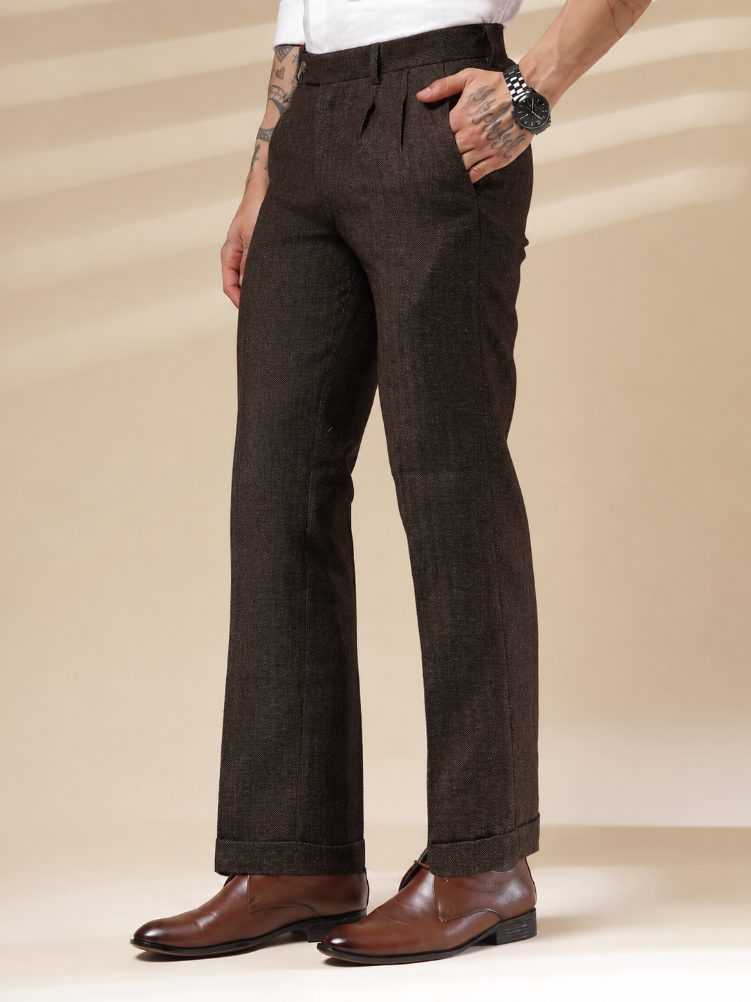 Brown Signature Flap Herringbone Gurkha Pants | Boot Cut Fit by ITALIAN VEGA®