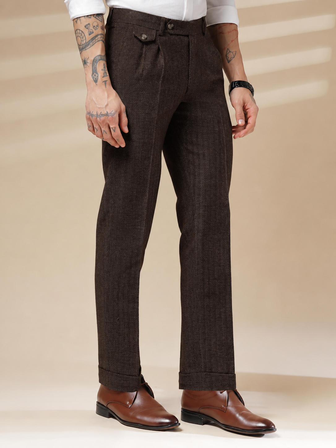 Brown Signature Flap Herringbone Gurkha Pants | Boot Cut Fit by ITALIAN VEGA®
