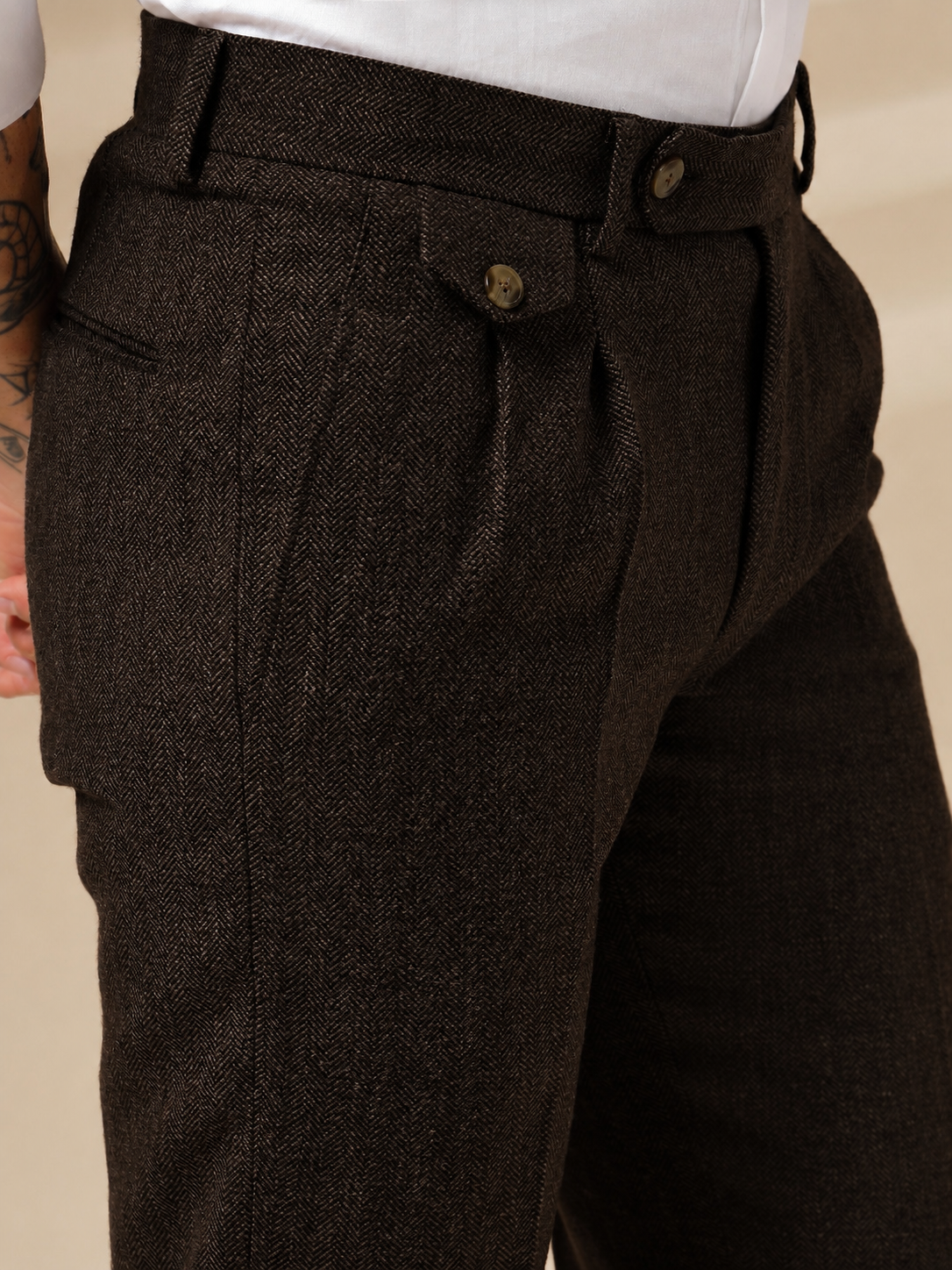 Brown Signature Flap Herringbone Gurkha Pants | Boot Cut Fit by ITALIAN VEGA®