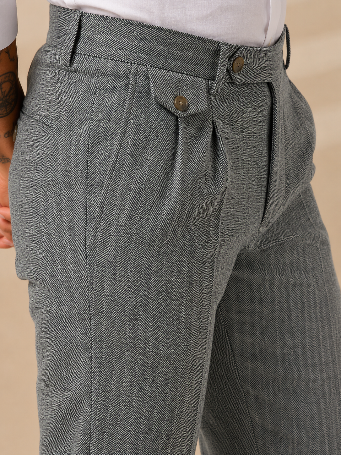 Light Grey Signature Flap Herringbone Gurkha Pants | Boot Cut Fit by ITALIAN VEGA®