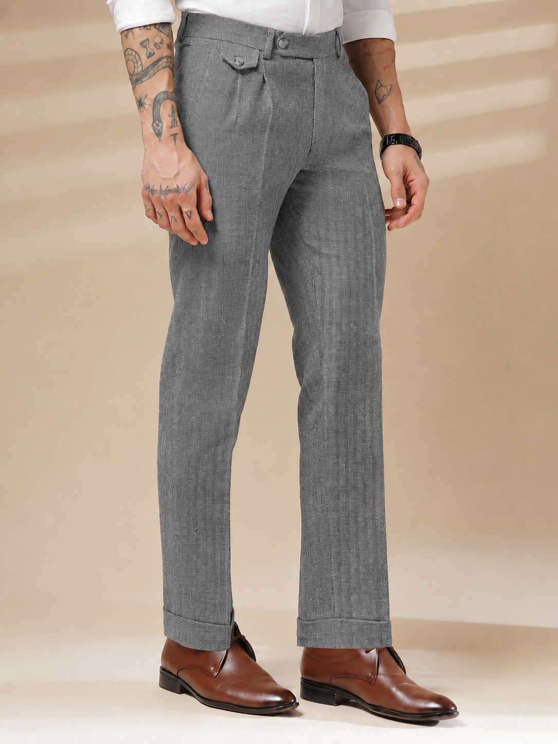 Light Grey Signature Flap Herringbone Gurkha Pants | Boot Cut Fit by ITALIAN VEGA®