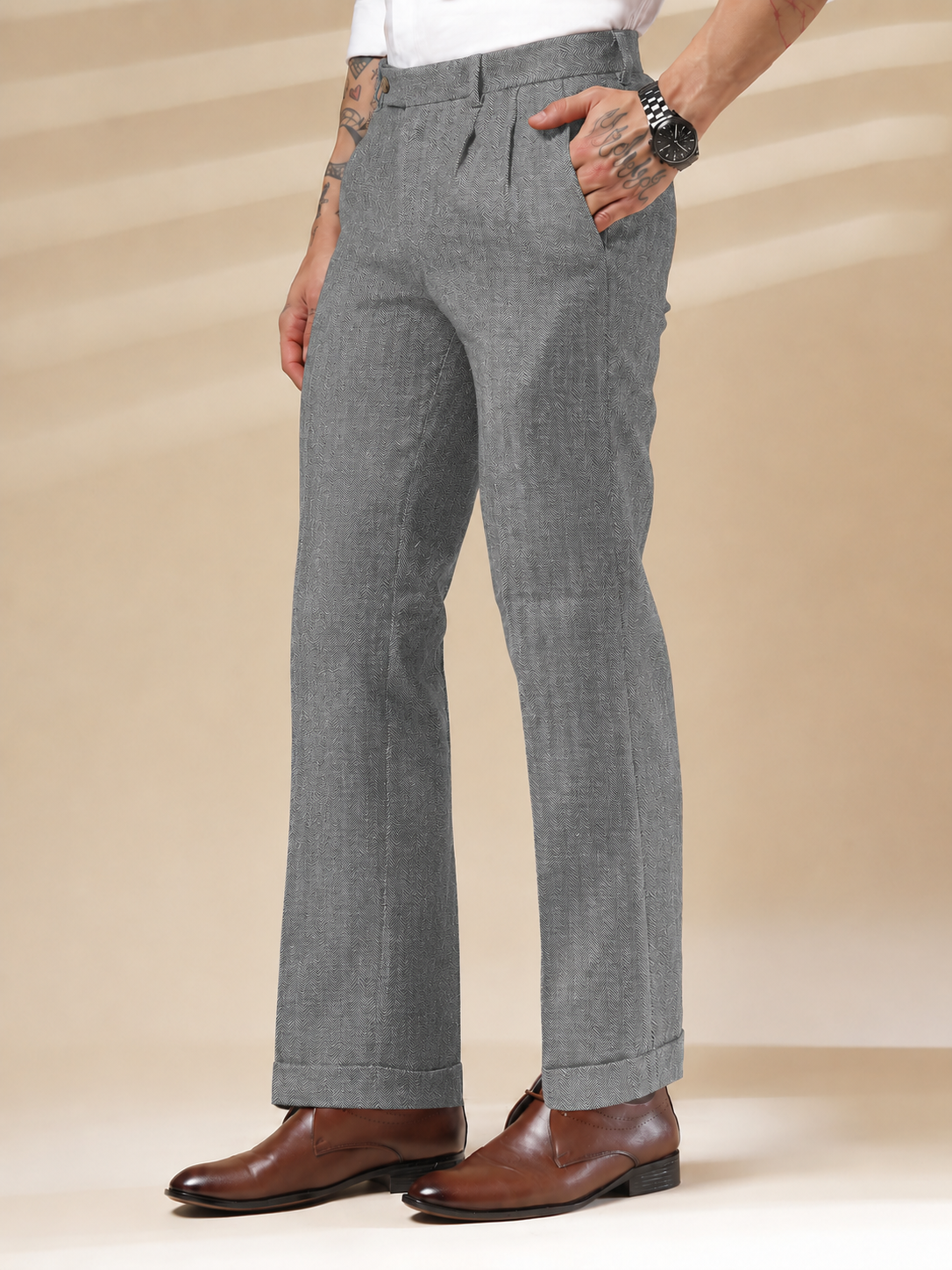 Light Grey Signature Flap Herringbone Gurkha Pants | Boot Cut Fit by ITALIAN VEGA®