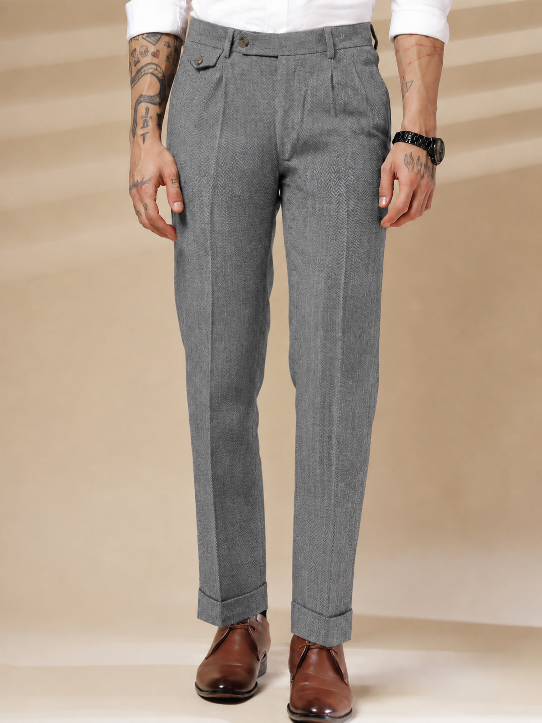 Light Grey Signature Flap Herringbone Gurkha Pants | Boot Cut Fit by ITALIAN VEGA®