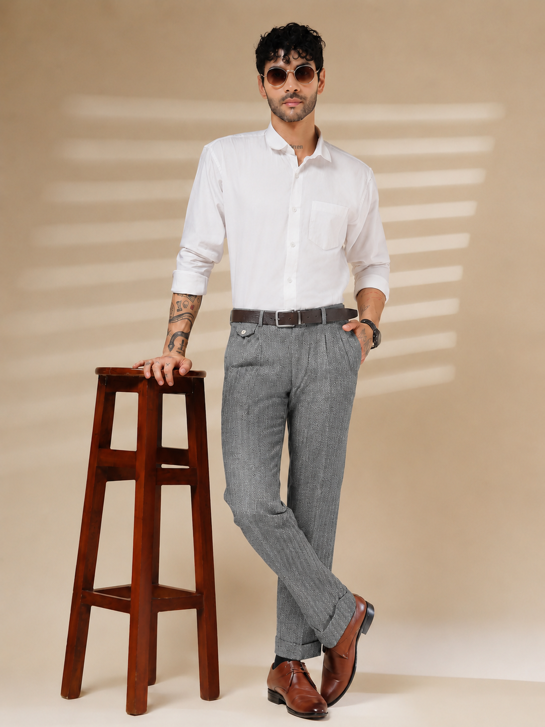 Light Grey Signature Flap Herringbone Gurkha Pants | Boot Cut Fit by ITALIAN VEGA®