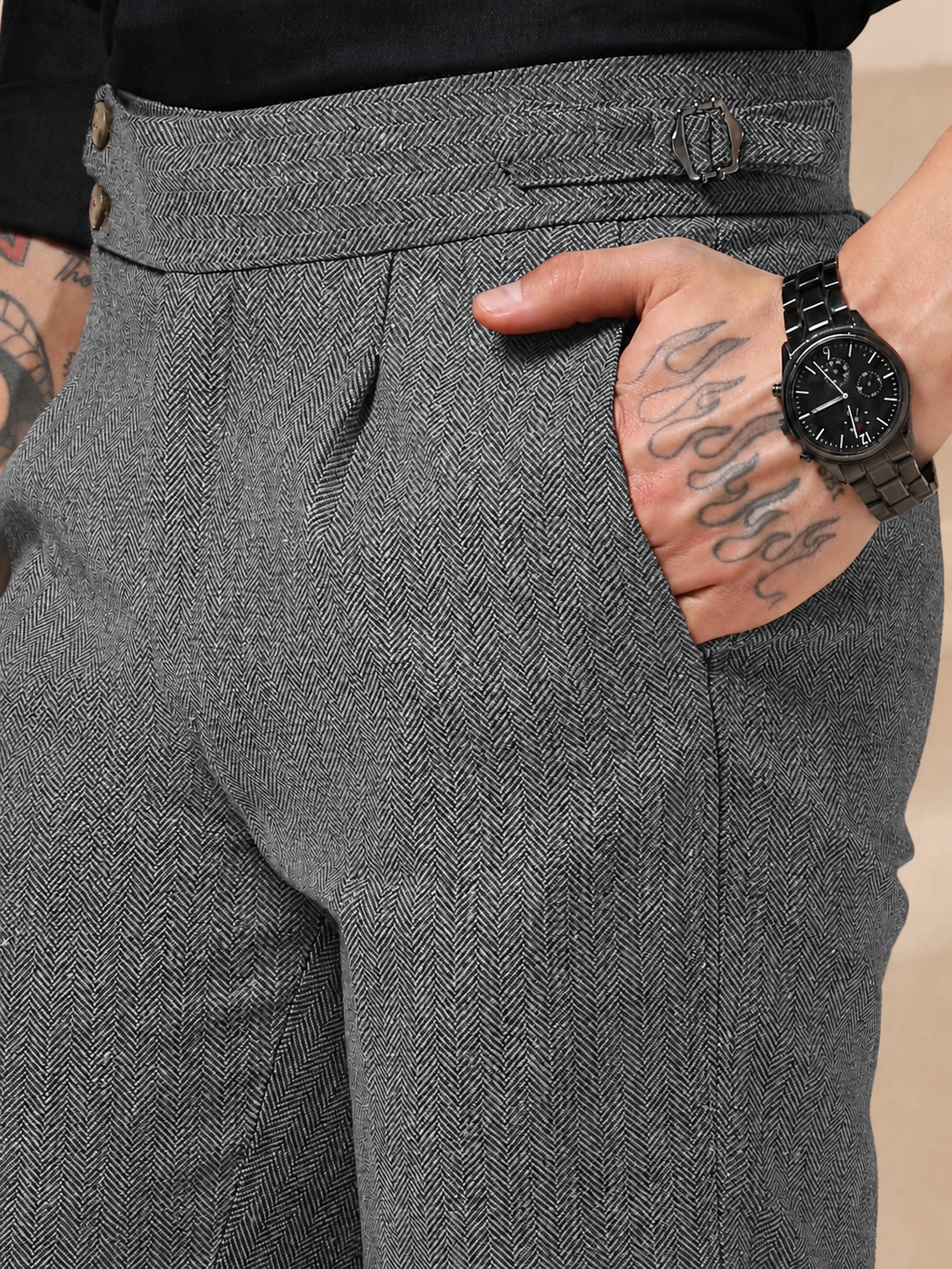 Light Grey Signature Buttoned Herringbone Gurkha Pants | Boot Cut Fit by ITALIAN VEGA®