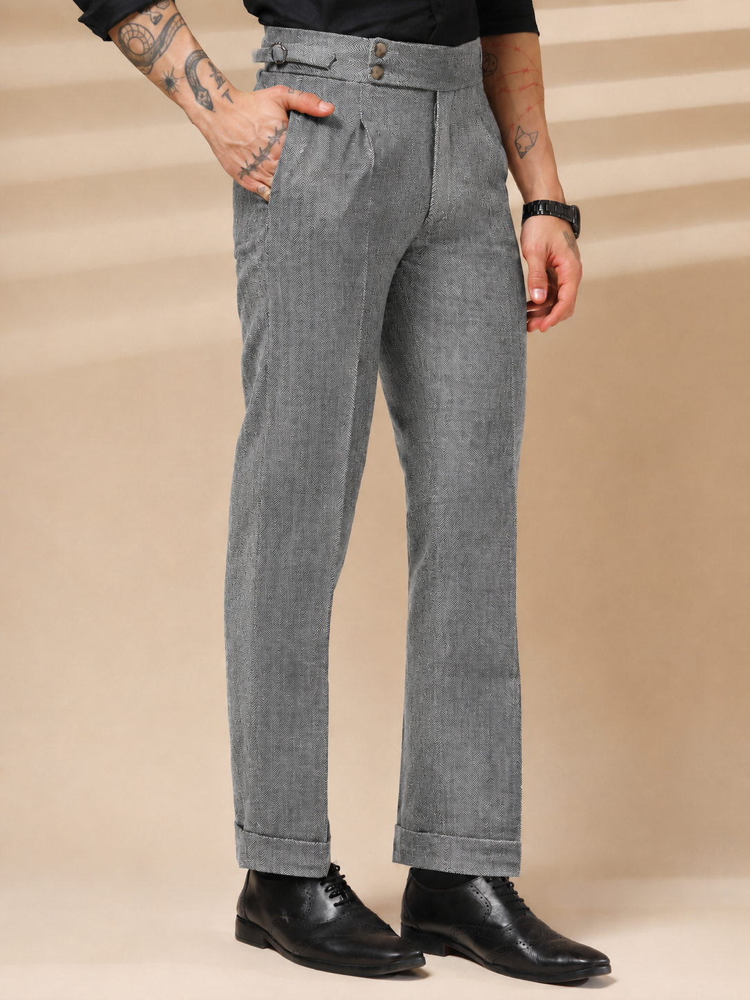 Light Grey Signature Buttoned Herringbone Gurkha Pants | Boot Cut Fit by ITALIAN VEGA®