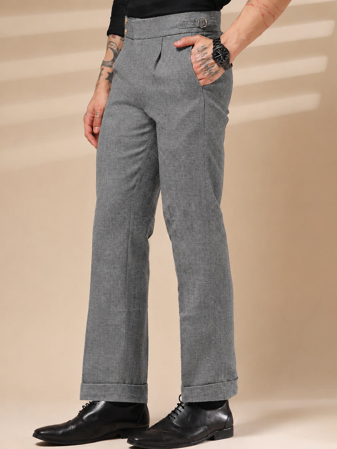 Light Grey Signature Buttoned Herringbone Gurkha Pants | Boot Cut Fit by ITALIAN VEGA®