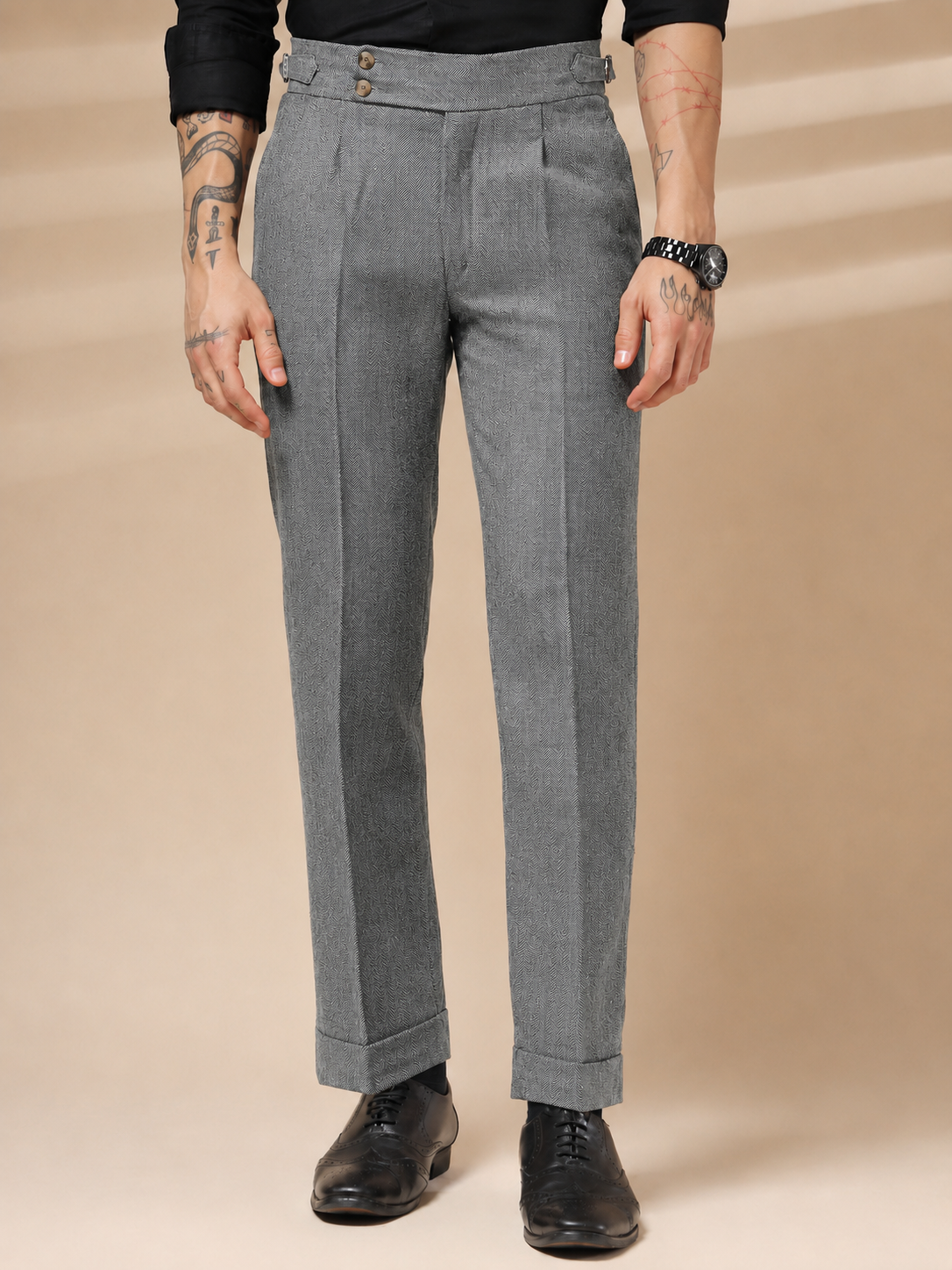 Light Grey Signature Buttoned Herringbone Gurkha Pants | Boot Cut Fit by ITALIAN VEGA®