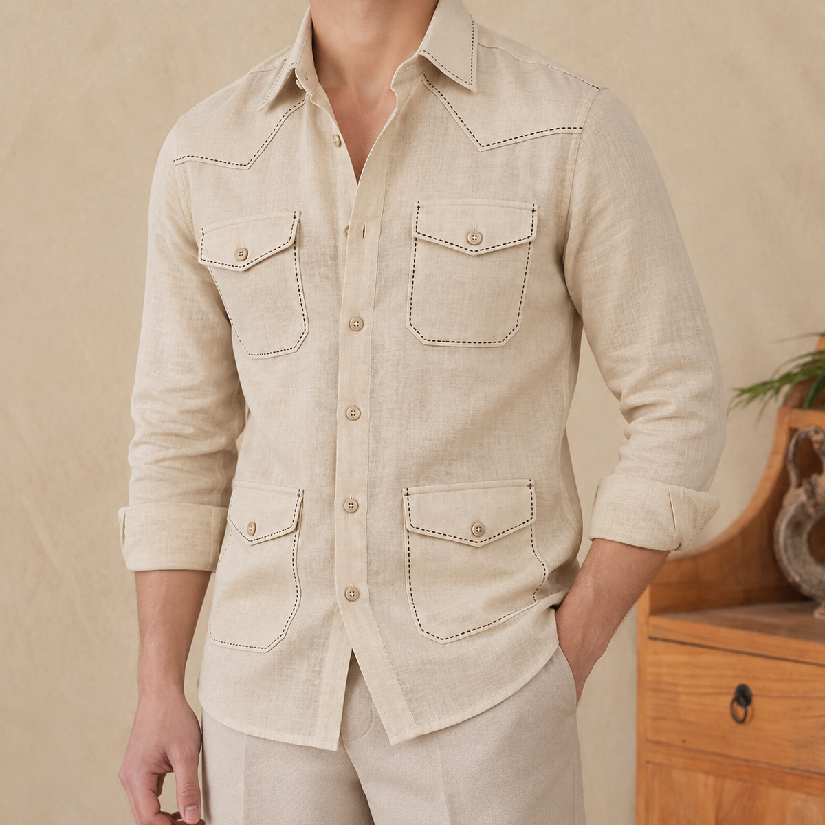 Beige Safari Shirt – Pick Stitched with Multi Pockets by Italian Vega® - 027